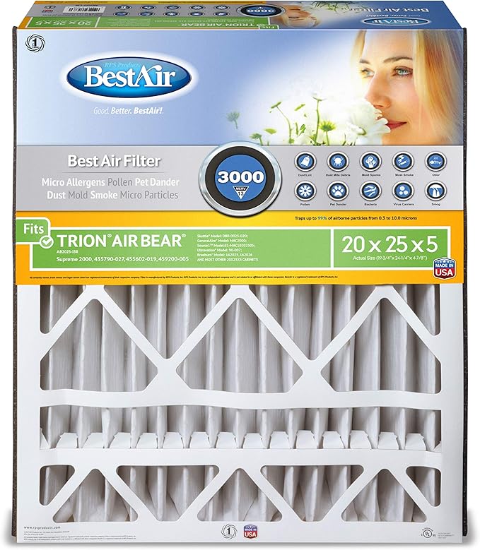 BestAir AB2025-13R AC Furnace Air Filter, 20" x 25" x 5", MERV 13, Fits 100%, For Trion Air Bear, Supreme, Skuttle, GeneralAire, Source1, Ultravation & Braeburn Models, Pack of 1