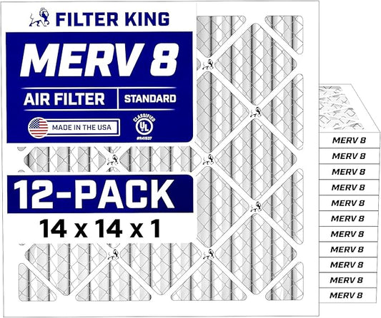 Filter King 14x14x1 Air Filter (MERV 8) (12-Pack) Dust & Allergy Control AC Furnace Filters, MADE IN USA, HVAC, Pleated, Electrostatic (Actual Size: 13.5 x 13.5 x .75)