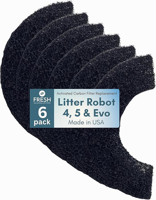 Pre-Cut Activated Charcoal Filter - Compatible with Litter Robot 5, Evo and Litter Robot 4 Carbon Filters for Odor Control, Deodorizer & Dust Reduction Made in USA - 6-Pack