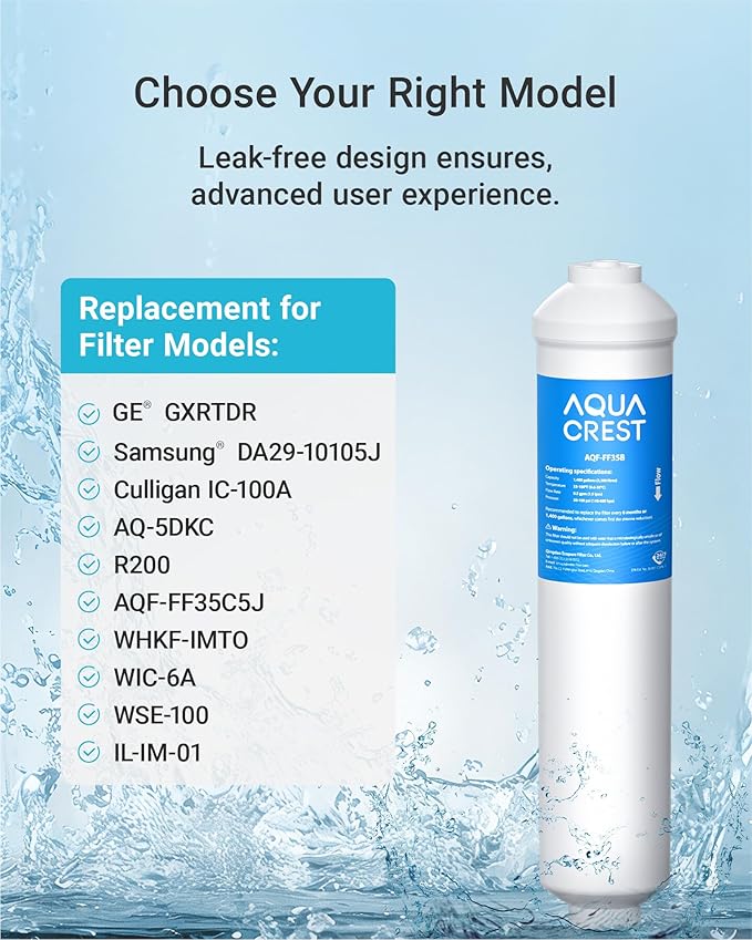 AQUA CREST GXRTDR Inline Water Filter, Replacement for GE® GXRTDR, Samsung DA29-10105J, Culligan IC-100A， Whirlpool WHKF-IMTO, Reduces Chlorine, Fluoride