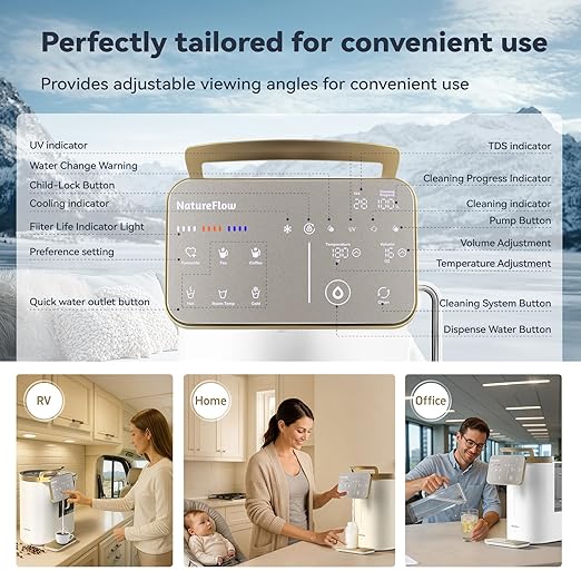 NatureFlow Y60AC（2nd Gen Cold & Hot Countertop Reverse Osmosis Water Mineralization System— Natural Mineral Activation, 10-Stage RO Filtration,Ultra Dual UV, Alkaline Water, 11-Temperature