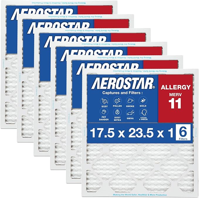 Aerostar 17.5x23.5x1 MERV 11 Air Filter, Pleated AC Furnace HVAC Filters (17.5x23.5x1), for Allergies Asthma Dust Pet Dander Smoke Bacteria Viruses, MPR 1500 FPR 10, USA, 6 Pack
