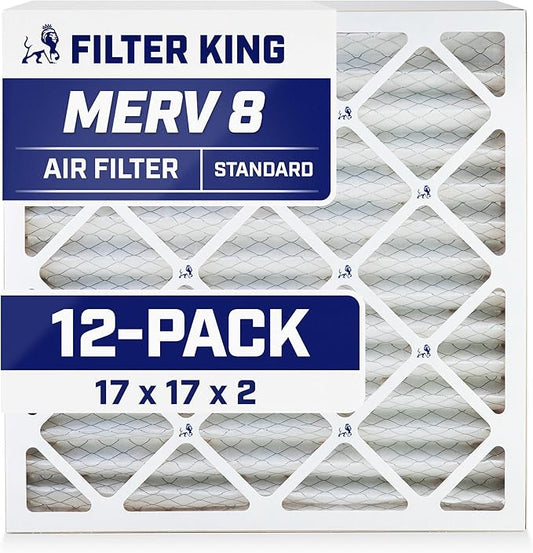 Filter King 17x17x2 Air Filter (MERV 8) (12-Pack) Dust & Allergy Control AC Furnace Filters, MADE IN USA, HVAC, Pleated, Electrostatic (Actual Size: 17 x 17 x 1.75)