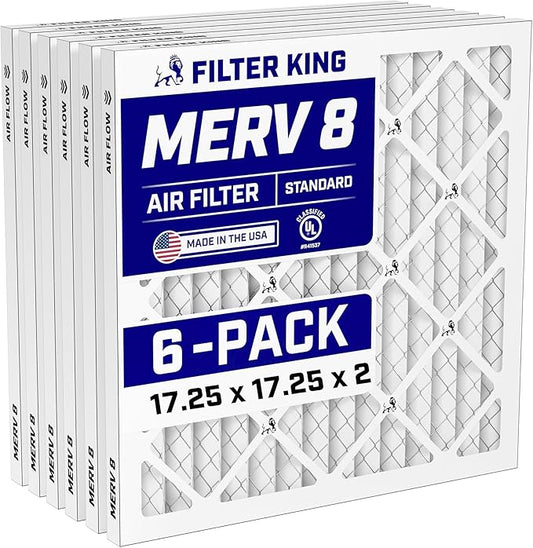 Filter King 17.25x17.25x2 Air Filter (MERV 8) (6-Pack) Dust & Allergy Control AC Furnace Filters, MADE IN USA, HVAC, Pleated, Electrostatic (Actual Size: 17.25 x 17.25 x 1.75)