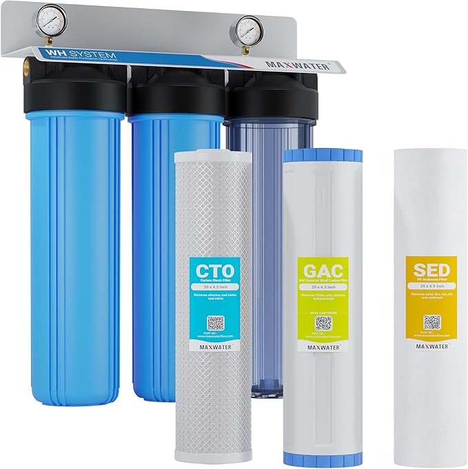 Max Water Whole House Water Filtration System, 3-Stage Pre-Filtration with Sediment, GAC & CTO Carbon Filters, Reduce Odor, Chlorine, Taste, 1-inch Inlet/Outlet