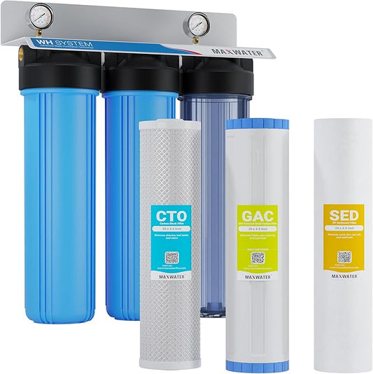 Max Water Whole House Water Filtration System, 3-Stage Pre-Filtration with Sediment, GAC & CTO Carbon Filters, Reduce Odor, Chlorine, Taste, 1-inch Inlet/Outlet