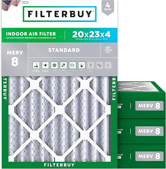 Filterbuy 20x23x4 Air Filter MERV 8 Essential Dust & Allergy Defense (4-Pack), Electrostatic Pleated HVAC AC Furnace Filters Replacement (Actual Size: 19.50 x 22.50 x 3.63)