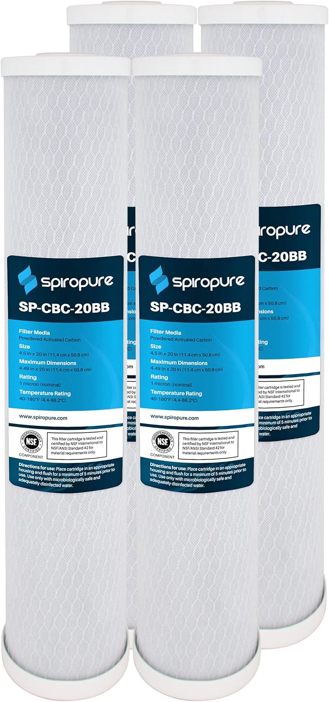 SpiroPure SP-CBC-20BB 20x4.5 1 Micron NSF Certified Coconut Shell Carbon Block Water Filter Cartridge CB-45-2001 (Case of 4)