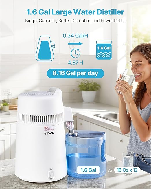 VEVOR Water Distiller, 6L/1.6 Gallon Large Distilled Machine, 900W Distilling Water Maker, 304 Stainless Steel Interior Stiller with Plastic Container, Countertop Distiller for Home, White