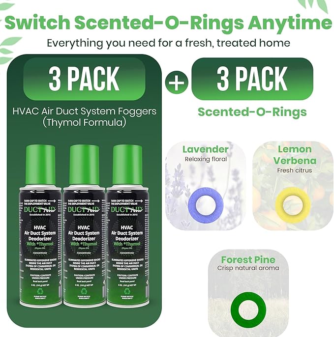 HVAC Air Deodorizer & Mold Treatment Fogger 3-Pack with 3 Scented O-Ring Pads | Air Duct Freshener for HVAC & AC Vents | Plant-Based Thymol Fogger for Home, Car & Commercial Spaces