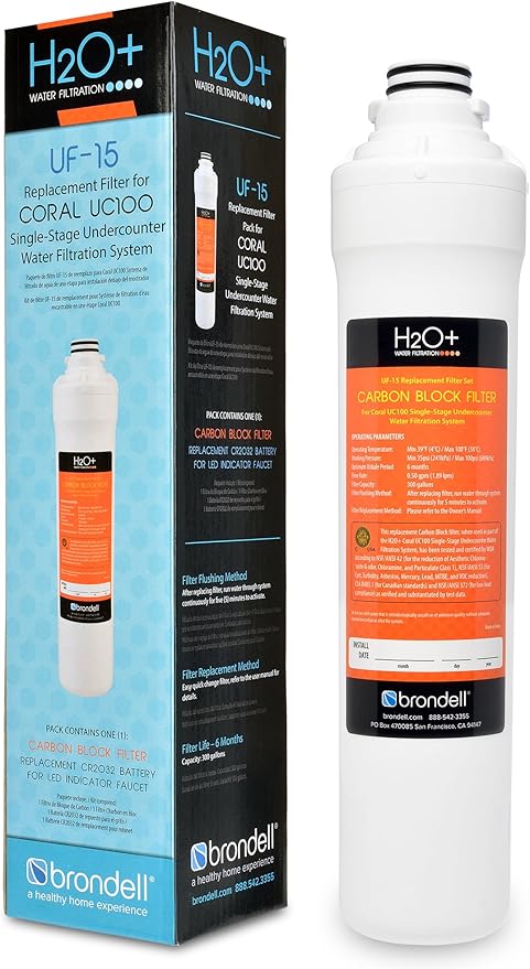Brondell UF-15 Single-Stage Carbon Block Water Filter Replacement for Coral Under Sink Filtration System, Lasts 6 Months