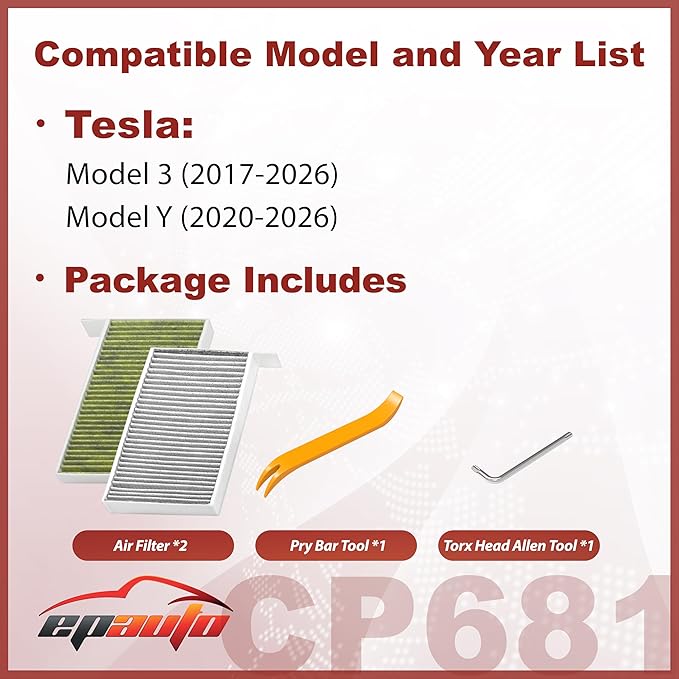 EPAuto CP681 (1107681-00-A) Premium HVAC Cabin Air Filter with Activated Carbon, Replacement for Tesla Model 3 (2017-2026), Model Y (2020-2026)
