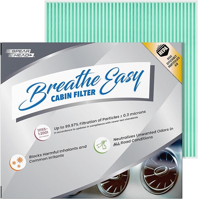 Spearhead HEPA Breathe Easy Cabin Filter, Up to 99.97% Filtration of 0.3 Micron Particles w/No Airflow Reduction (BE-729H)