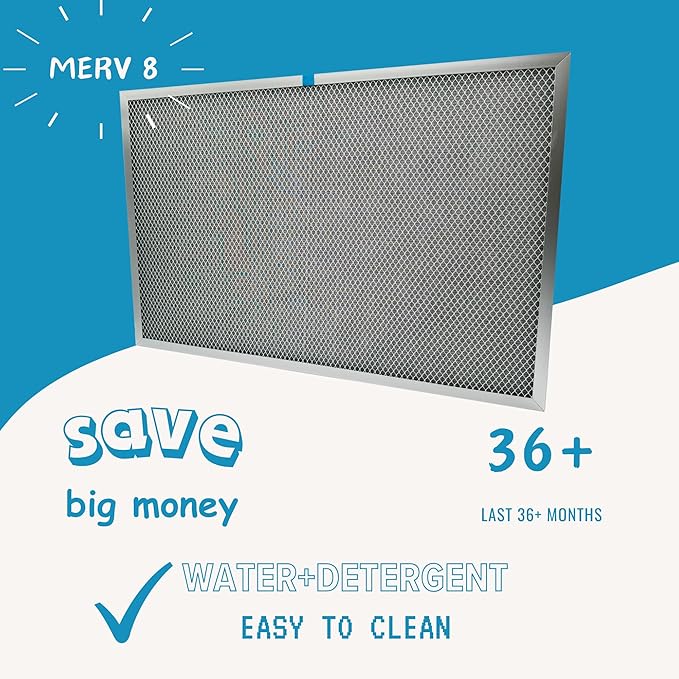 Washable Electrostatic Furnace Air Filter, MERV 8, (16" x 19" x 1") Aluminum Reusable Filter for Furnace, Central AC, and HVAC System