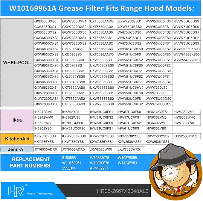 Upgraded W10169961A Range Hood Filter Replacement, Fits Whirlpool, Ikea, Kitchen Aid, Jenn Air, Aluminum Mesh Hood Grease Filter 10.5x12Inch, HR Huare Technology Aluminum Range Hood Vent Filters,2PCS