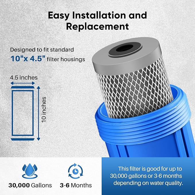 PUREPLUS 10" x 4.5" Whole House Carbon Water Filter Combo Pack, CTO10BB + CTO10BB-KDF + CTO10BB-CQB, 5 Micron, Lead & Heavy Metal Reduction, Fits GE GXWH40L, DuPont WFHDC8001, 3-Pack
