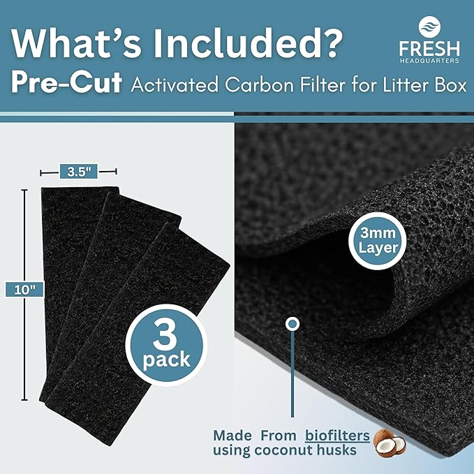 Activated Litter Robot 3 Carbon Filters - Activated Charcoal Replacement Filter, Pre-Cut 3.5” x 10” Litter Robot Accessories - Odor Control & Dust Reduction - Made in USA - 3-Pack