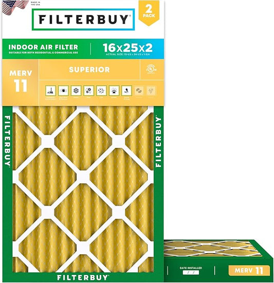 Filterbuy 16x25x2 Air Filter MERV 11 Superior Pet & Allergy Defense (2-Pack), Electrostatic Pleated HVAC AC Furnace Filters Replacement (Actual Size: 15.50 x 24.50 x 1.75)