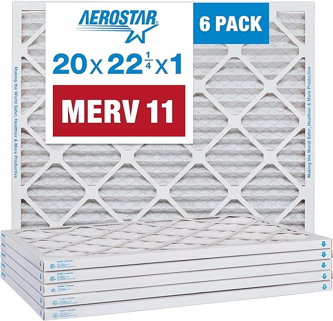 Aerostar 20x22.25x1 MERV 11 Air Filter, Pleated AC Furnace HVAC Filters (19.875x22.25x0.75), for Allergies Asthma Dust Pet Dander Smoke Bacteria Viruses, MPR 1500 FPR 10, USA, 6 Pack