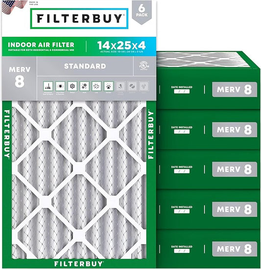 Filterbuy 14x25x4 Air Filter MERV 8 Essential Dust & Allergy Defense (6-Pack), Electrostatic Pleated HVAC AC Furnace Filters Replacement (Actual Size: 13.88 x 24.88 x 3.63)