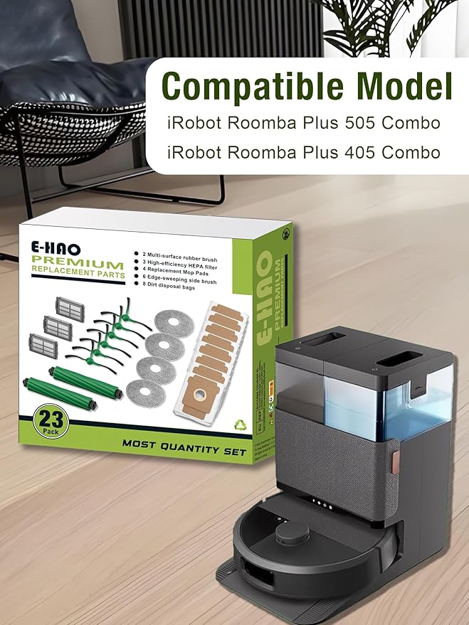 405 & 505 Replacement Parts for iRobot Roomba Plus 405 (G181/G185) Vac, Plus 505 Combo Vacuum. Accessories Kit with 8 Dust Bags, 2 Rubber Rollers, 4 Mop Pads, 3 HEPA Filters, 6 Side Brushes