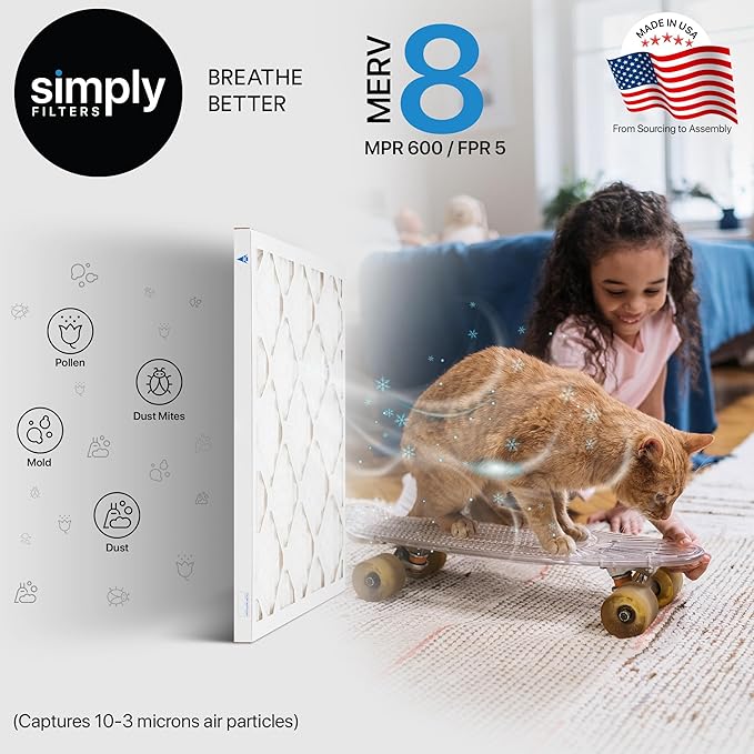 Simply 17x22x1 Air Filter, Merv 8, 4 Pack, For Home AC Furnace & HVAC (Actual Size: 16.75"x21.75"x0.75") DUST, Pet, & Allergy Control