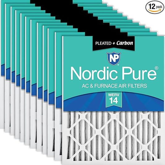 Nordic Pure 18x20x2 (Actual Size: 17 1/2 x 19 1/2 x 1 3/4) Pleated Air Filters MERV 14 Plus Carbon 12 Pack