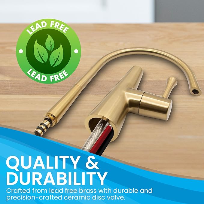 Metpure Airgap 3-Port Brass RO Faucet for Reverse Osmosis Drinking Water Systems. Features Pre-Installed Drain Tubes, Contemporary Design. Includes Wrench and Adapters. (Brushed Gold)