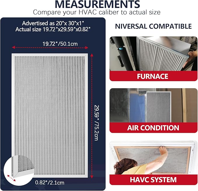 20x30x1 Electrostatic Air Filter, MERV 8 Reusable & Washable Aluminum AC/HVAC Furnace Filter Replacement, Permanent Air Filter, Lasts a Lifetime (Actual Size:19.72"x29.59"x0.82")