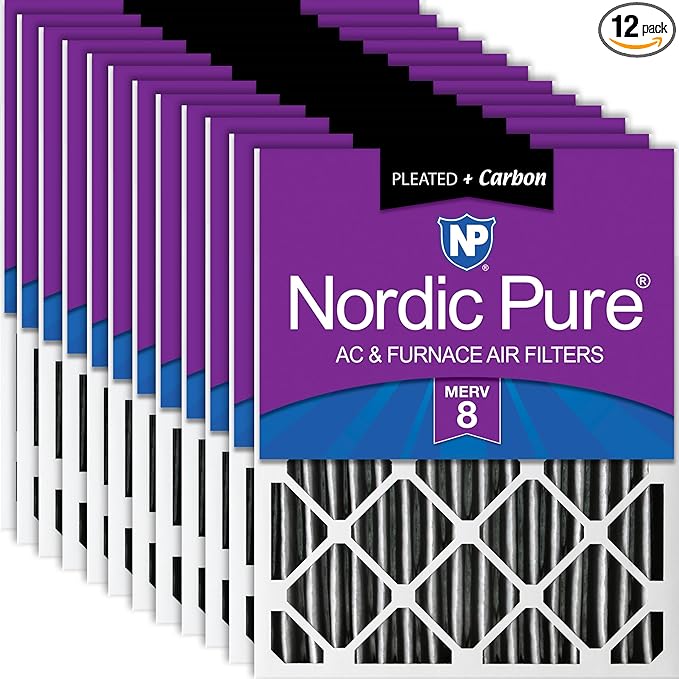 Nordic Pure 18x20x2 (Actual Size: 17 1/2 x 19 1/2 x 1 3/4) Furnace Air Filters MERV 8 Pleated Plus Carbon 12 Pack