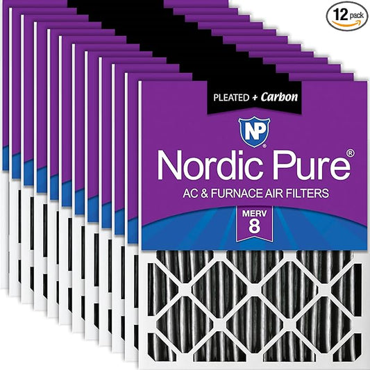 Nordic Pure 18x20x2 (Actual Size: 17 1/2 x 19 1/2 x 1 3/4) Furnace Air Filters MERV 8 Pleated Plus Carbon 12 Pack