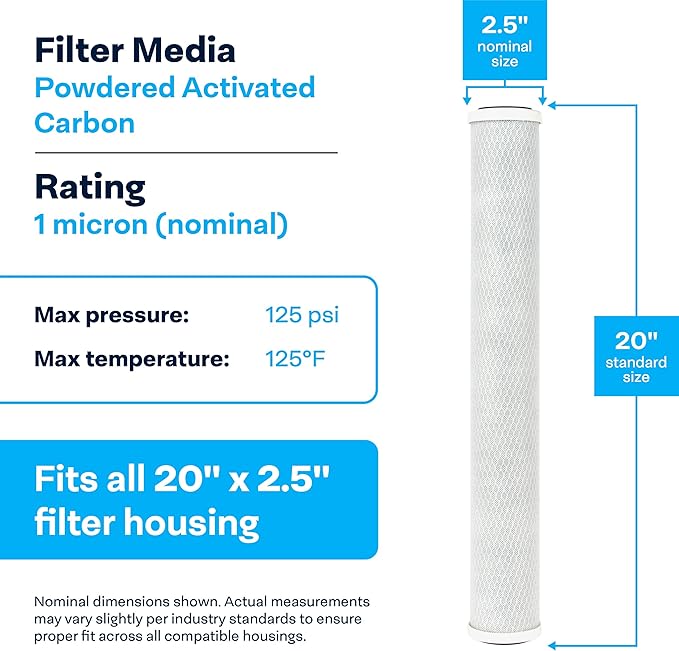 SpiroPure SP-CBC-20 20x2.5 1 Micron NSF Certified Coconut Shell Carbon Block Water Filter Cartridge CB-25-2001 (Case of 6)