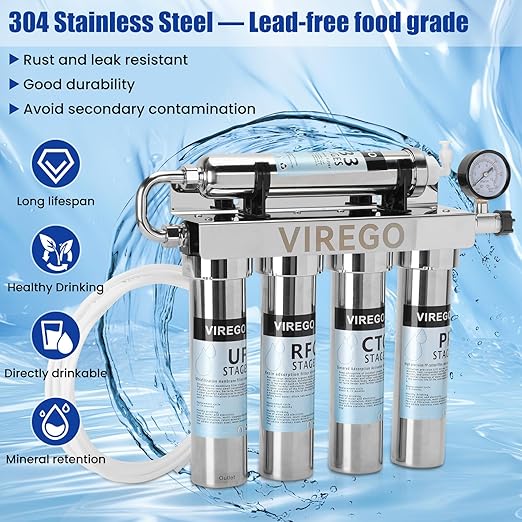 0.01μm Ultra Filtration Under Sink Water Filter System with Real-time Pressure Gauge, Water Filter Under Sink Import and Export Dimension Are DN15, for 99.99% Cl Reduction (with 5 Filter and 1 Faucet)