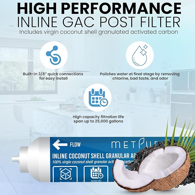 Metpure GAC Inline Filter Conversion 1/4" to 3/8” Big Flow Kit. Increase & Double Water Filtration Faucet Flow Rate of RO Reverse Osmosis System. Complete Kit with Filter, Tubing, and Quick Connectors