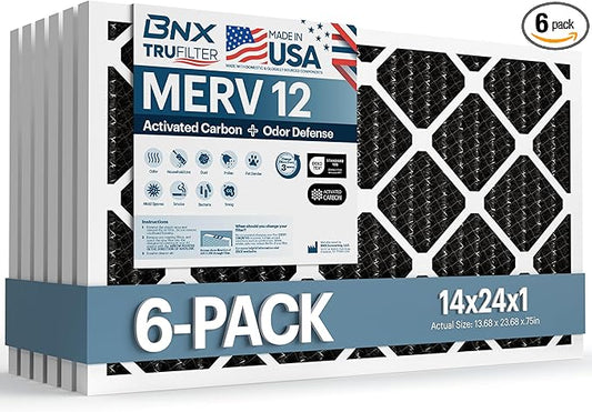 BNX TruFilter 14x24x1 MERV 12 Odor Defense (6-Pack) AC Furnace Air Filter with Activated Carbon - MADE IN USA - Pleated Air Conditioner HVAC AC Furnace Filters - Removes Odor, Mold, Bacteria, Smoke