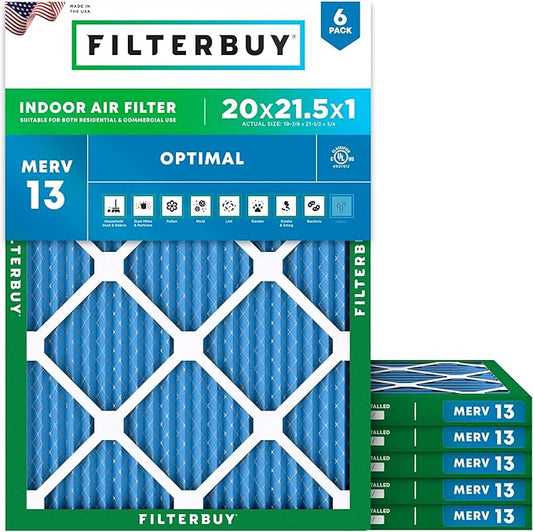 Filterbuy 20x21.5x1 Air Filter MERV 13 Optimal Smoke & Allergy Defense (6-Pack), Electrostatic Pleated HVAC AC Furnace Filters Replacement (Actual Size: 19.88 x 21.50 x 0.75)