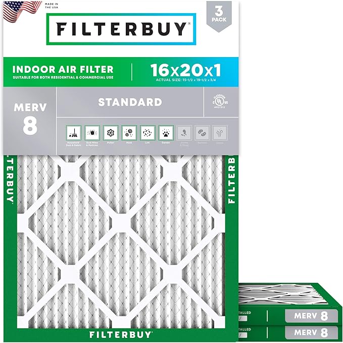 Filterbuy 16x20x1 Air Filter MERV 8 Essential Dust & Allergy Defense (3-Pack), Electrostatic Pleated HVAC AC Furnace Filters Replacement (Actual Size: 15.50 x 19.50 x 0.75)
