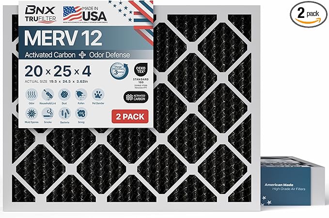 BNX TruFilter 20x25x4 (19.5’’ x 24.5’’ x 3.63‘’ Slim Fit) MERV 12 Activated Carbon Air Filter (2-Pack) - MADE IN USA - Air Conditioner Furnace Filters for Odor, Mold, Bacteria, Smoke