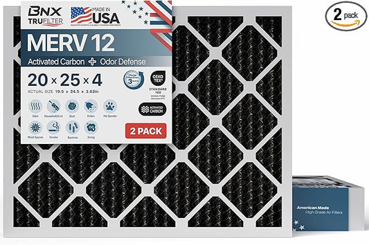 BNX TruFilter 20x25x4 (19.5’’ x 24.5’’ x 3.63‘’ Slim Fit) MERV 12 Activated Carbon Air Filter (2-Pack) - MADE IN USA - Air Conditioner Furnace Filters for Odor, Mold, Bacteria, Smoke