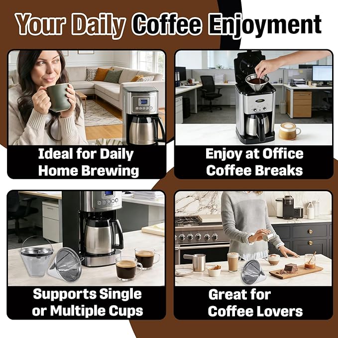 2-Pack Stainless Steel Coffee Filters Compatible with Cuisinart Coffee Maker, Fit for DCC 1200P1, 3200NAS, 3400NAS Models, Permanent & Reusable Cone Coffee Filters Basket Replacements