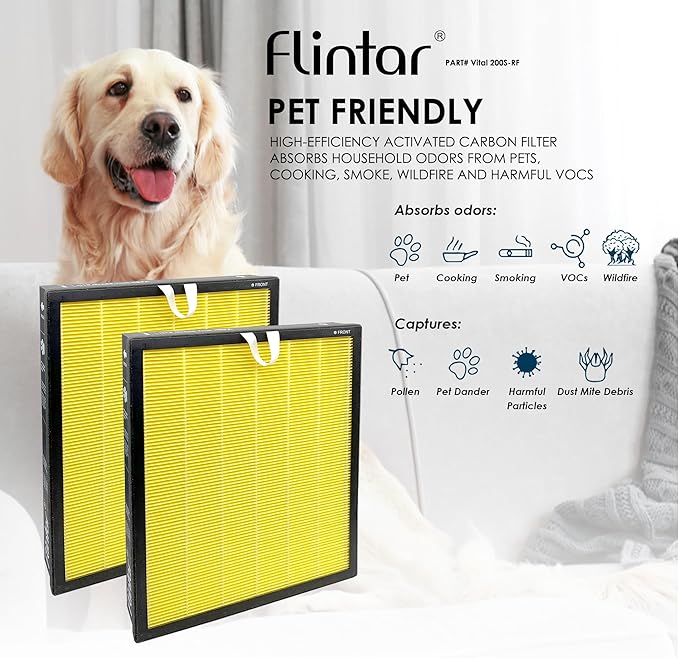 Flintar Vital 200S Pet Allergy Filter, Compatible with LEVOIT Vital 200S-P Air Purifier, H13 Grade Filtration + Activated Carbon filter, Part # Vital 200S-RF-PA, 2-Pack