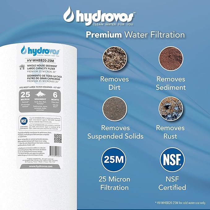 HYDROVOS 25 Micron 20" x 4.5" Sediment Water Filter, NSF Certified Replacement Cartridge for Whole House Water Filter System, Compatible with ECP5-BB, AP810-2, HDC3001, CP5-BB, SPC-45-1005, ECP1-20BB