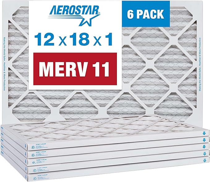 Aerostar 12x18x1 MERV 11 Air Filter, Pleated AC Furnace HVAC Filters (11.75x17.75x0.75), for Allergies Asthma Dust Pet Dander Smoke Bacteria Viruses, MPR 1500 FPR 10, USA, 6 Pack
