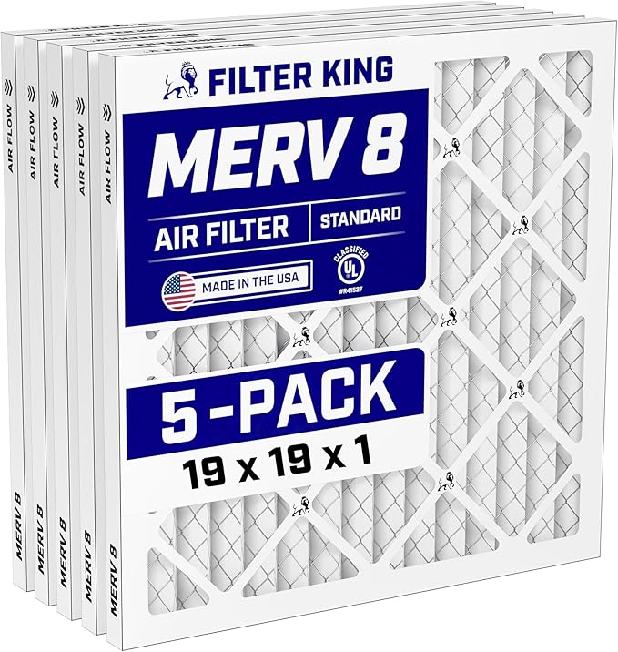 Filter King 19x19x1 Air Filter (MERV 8) (5-Pack) Dust & Allergy Control AC Furnace Filters, MADE IN USA, HVAC, Pleated, Electrostatic (Actual Size: 19 x 19 x .75)