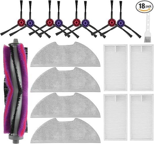 18 Pack E10s Accessories Kit Replacement Compatible with Eureka E10S / E20 Plus Robot Vacuum Cleaner, 1 Main Roller Brushes, 8 Side Brushes, 4 Hepa Filters, 4 Mop Pads,1 Cleaning Brush