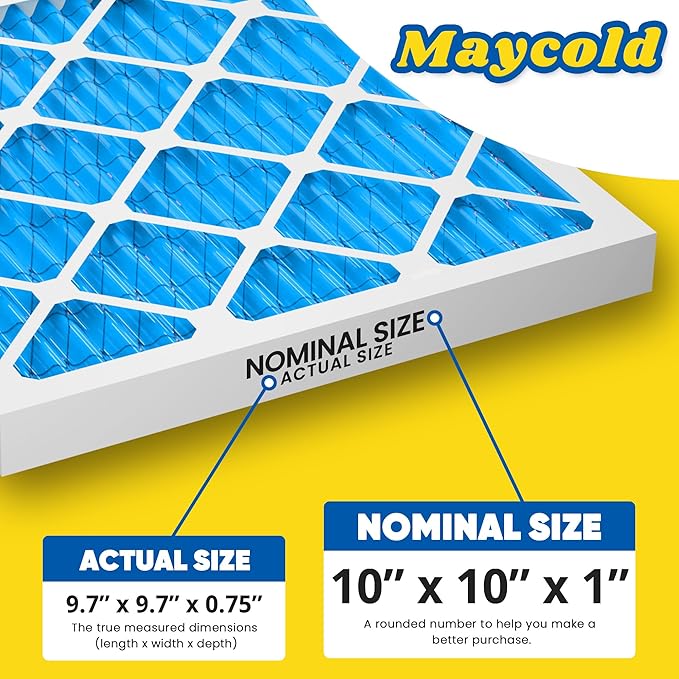 Maycold 10x10x1 MERV 11 Furnace Air Filter (6-Pack), High-Performance HVAC AC Filters for Home Use, Actual Size: 9.70” x 9.70” x 0.75”, Individually Wrapped in Plastic