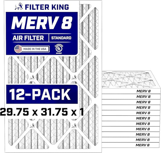 Filter King Air Filters 29.75x31.75x1 | 12 Pack | MERV 8 HVAC Pleated AC Furnace Filters | Air Purifier | Replacement Filters for Clean, Healthy & Fresh Environment | MADE IN USA
