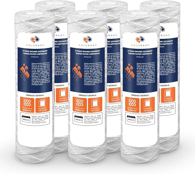 Aquaboon String Wound Water Filter Cartridge - Whole House 10 Micron Water Filter 10 x 2.5 Replacement for Well Filter Matches WHKF-WHSW, P5, 6-Pack