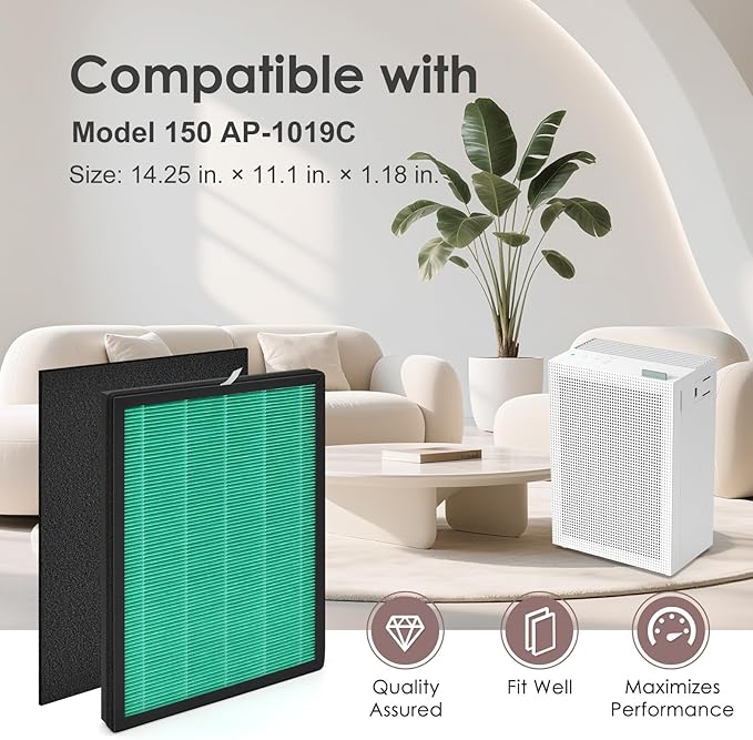 Replacement Filter Compatible with Coway Airmega 150 Air Purifier, Compared to Part AP-1019C-FP, 2 H13 True HEPA with 8 Carbon Pre-filter, Green 2-Pack