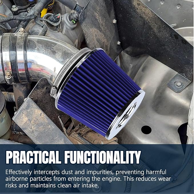 Hovom Universal Clamp-On Air Intake Filter, 76 89 102MM (3/3.5/4in) High Flow Round Tapered Cold Air Intake Filter, High Performance, Washable & Reusable, Engine Filters Replacement (Blue)